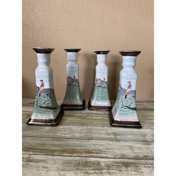 4 X Vintage Equestrian Horse Rider Porcelain Candlestick Holders Hand Painted - Picture 3 of 12